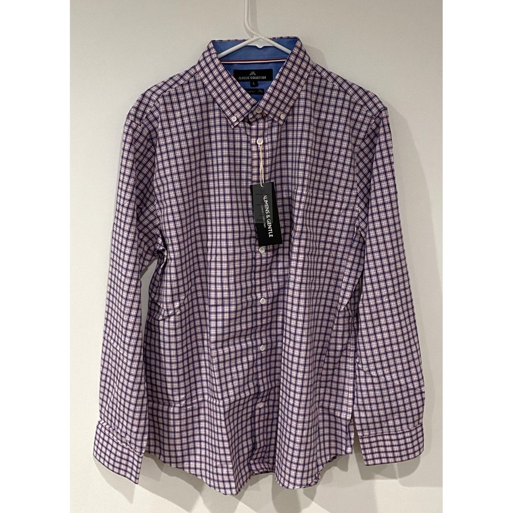 Men's Alimens & Gentle L Blue & Red Plaid Button Down Shirt Pocket Long Sleeve